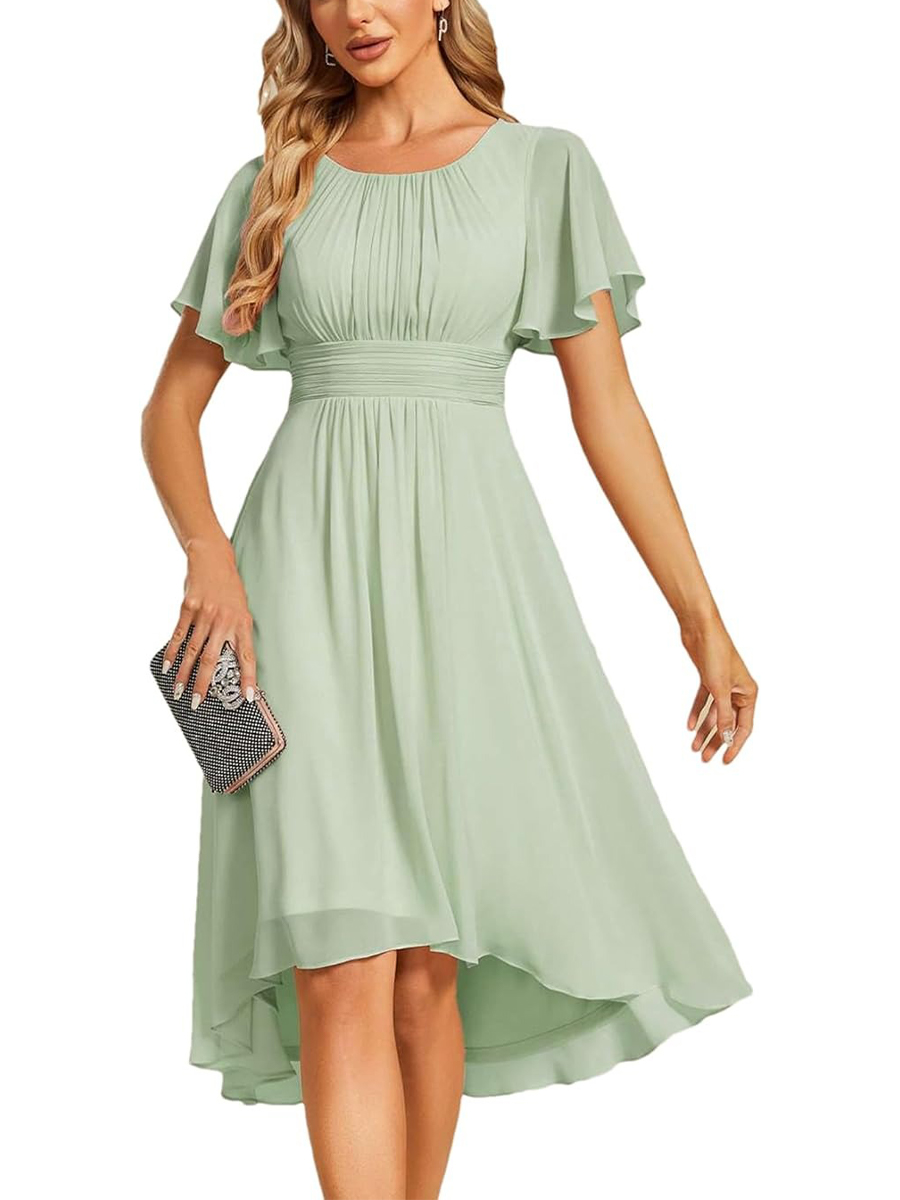Women's Crew Neck Pleated Ruffle Short Sleeve Dress