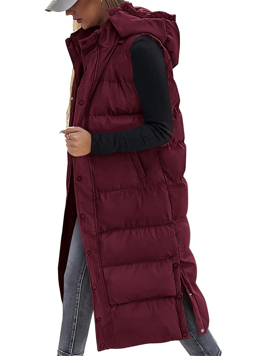 Women's Hooded Button Zipper Long Puffer Vest Jacket Coat