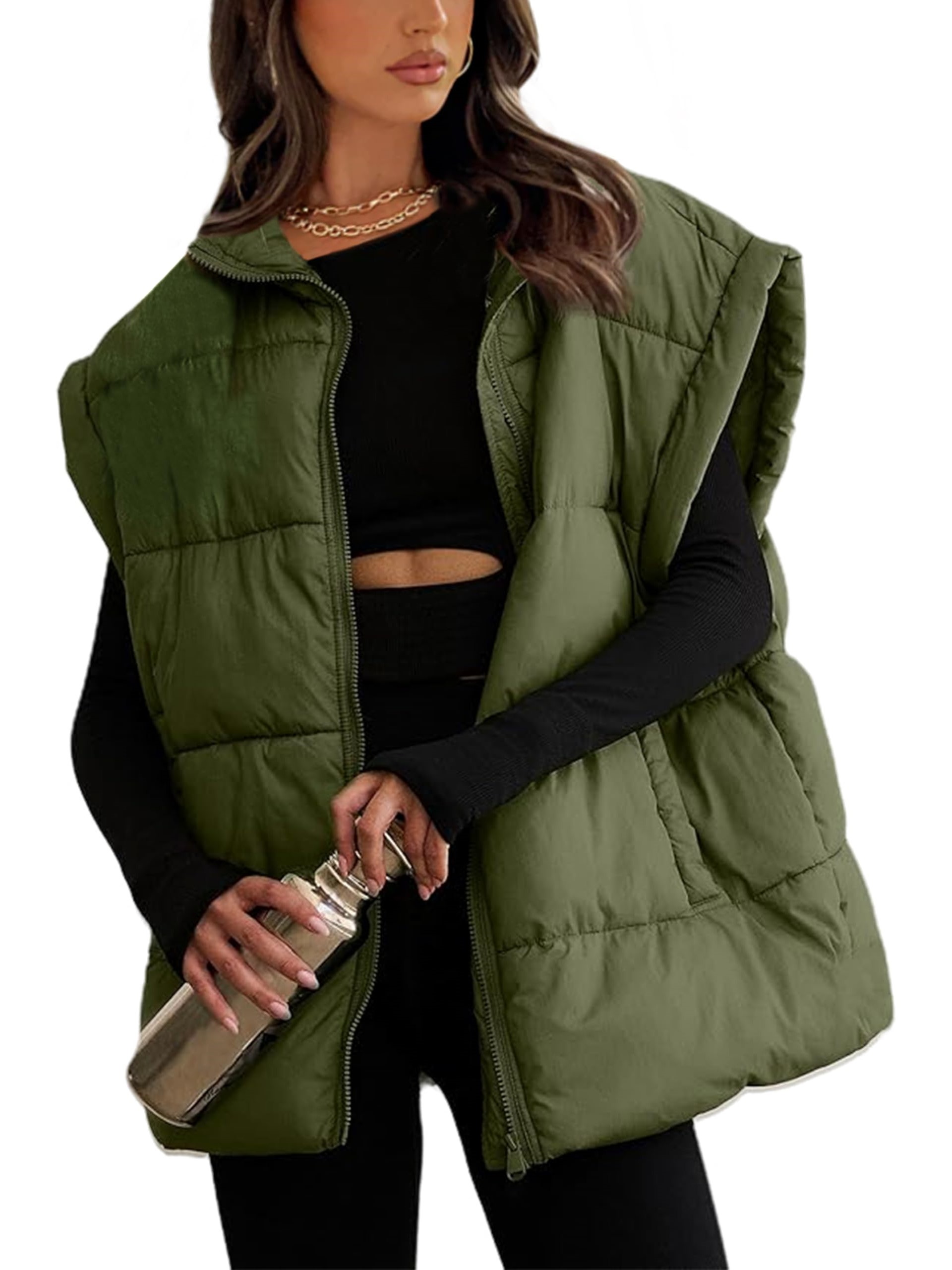Women's Oversized Stand Collar Puffer Vest Lightweight with Pockets
