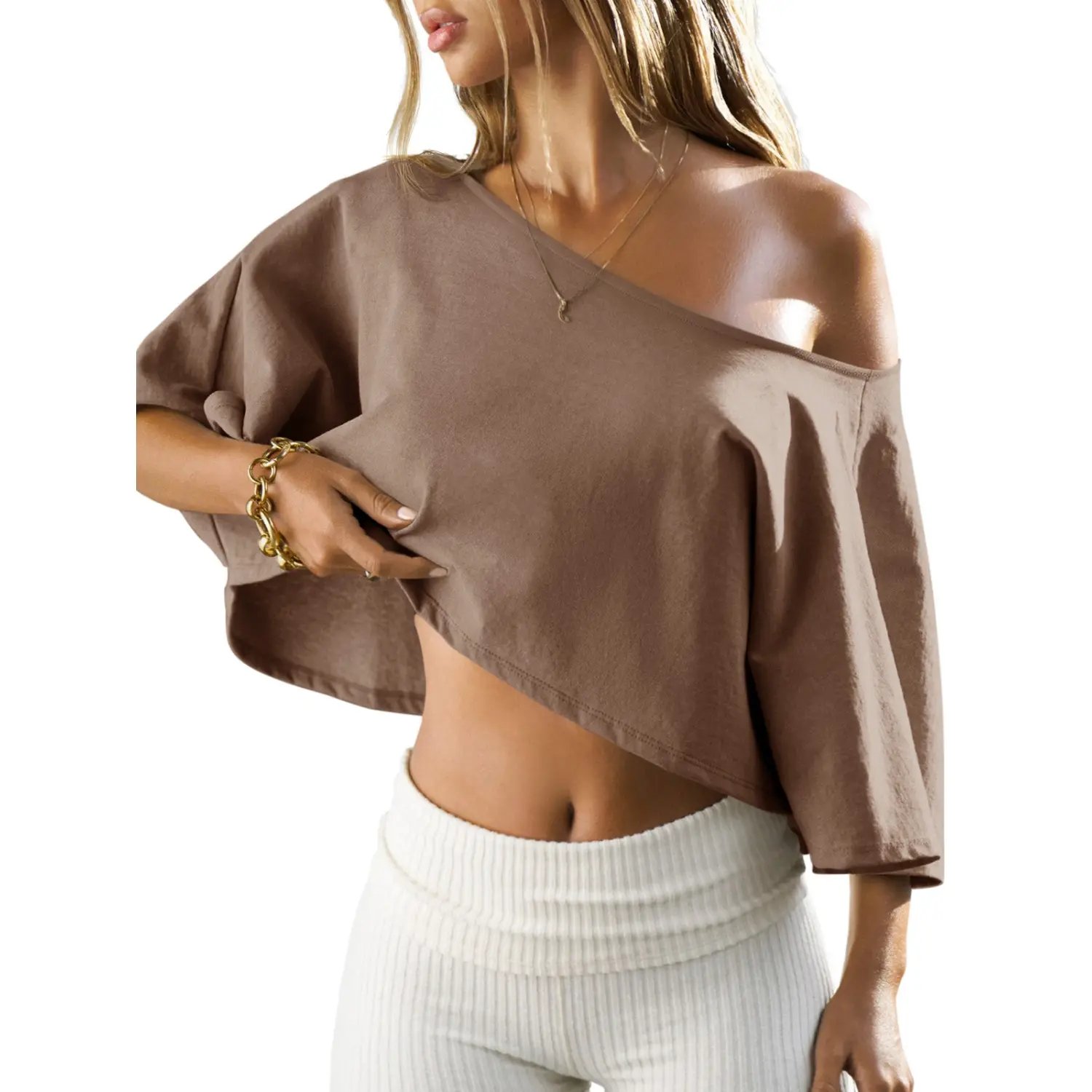 Women Summer Off Shoulder Crop Top | Loose Batwing Sleeve Cotton Tee, Asymmetrical Neck for Daily Lounge