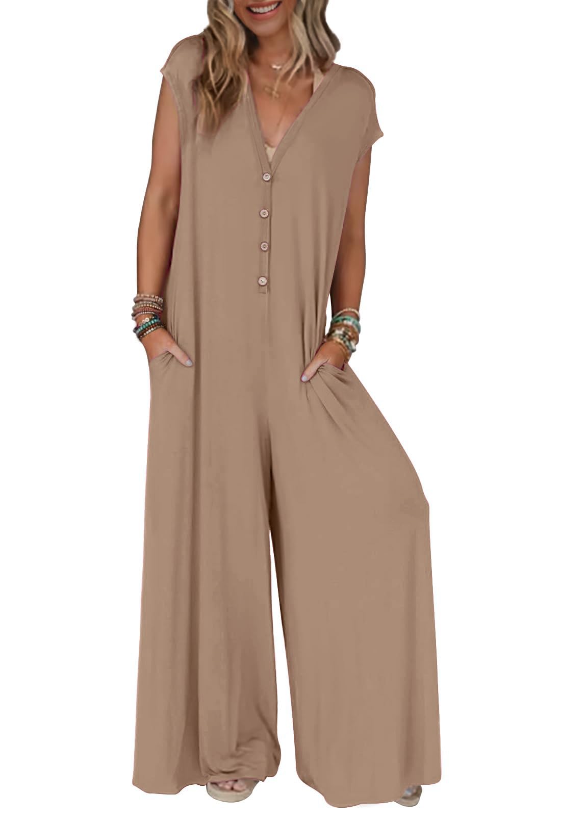 Women's 2025 Summer Cap Sleeve Jumpsuits Deep V Neck Button Onesie Wide Leg Pants Rompers(buy 2 free shipping)