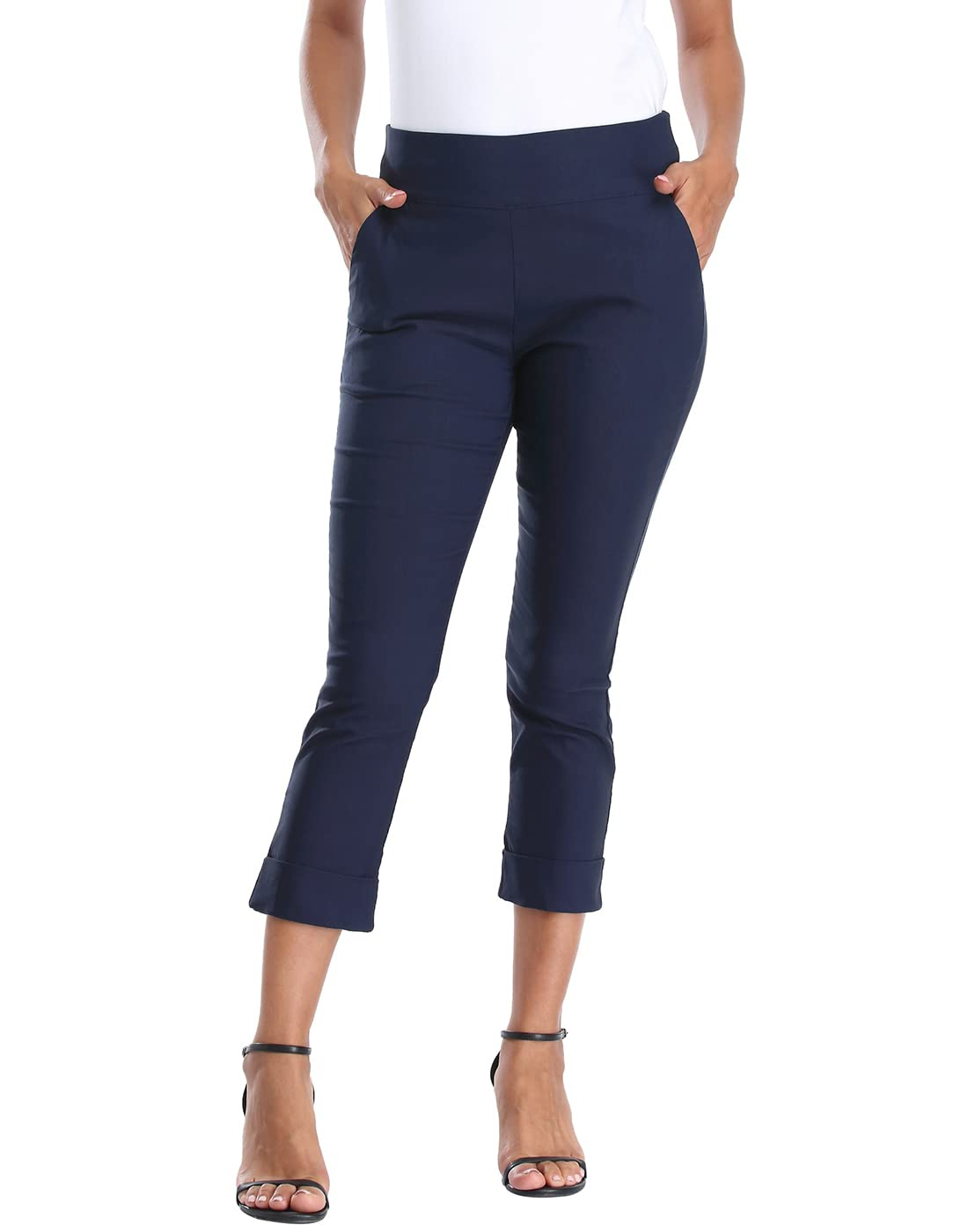 Women's Pull On Capri Pants with Pockets Elastic Waist Cropped Work Pants