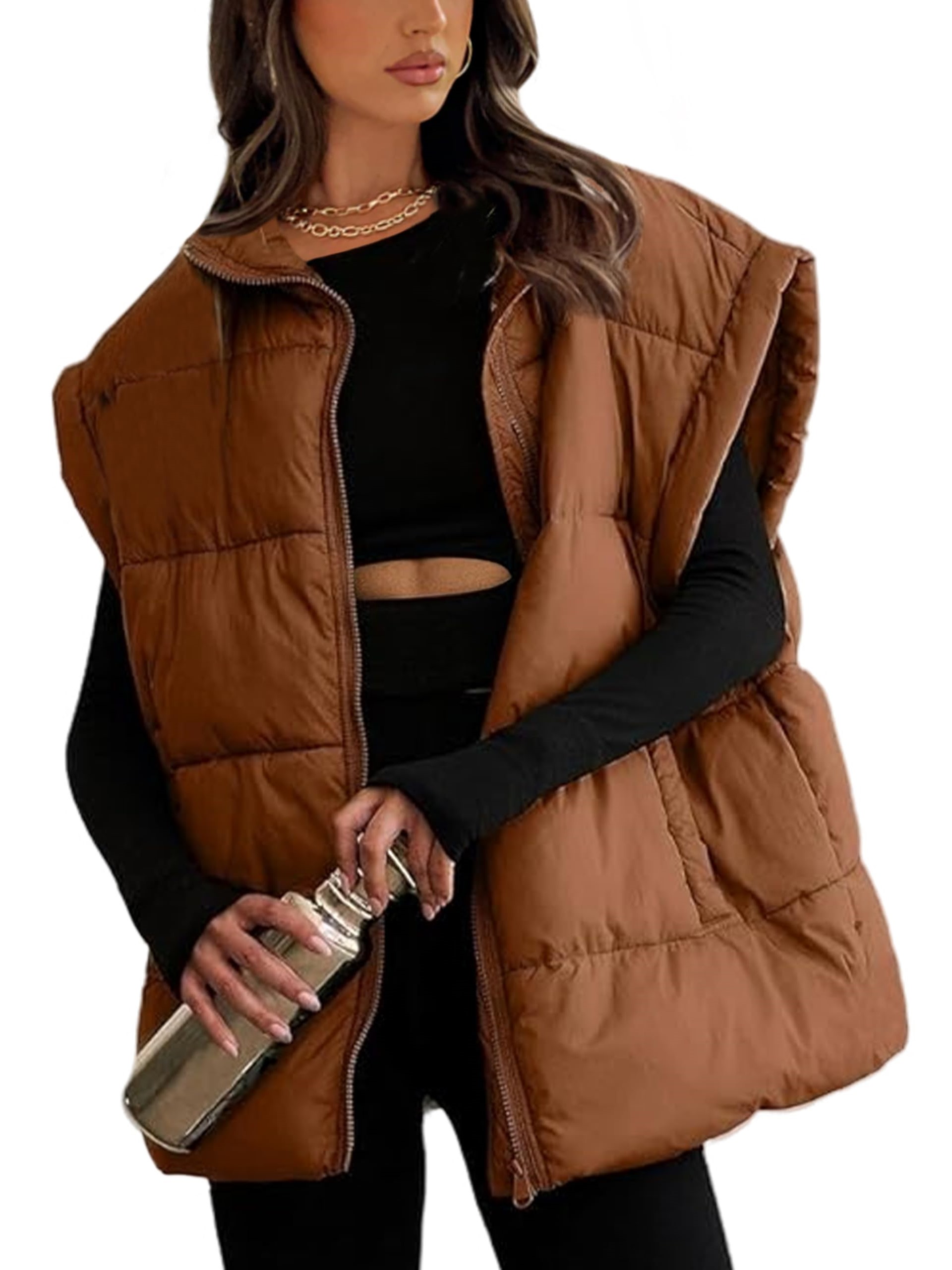 Women's Oversized Stand Collar Puffer Vest Lightweight with Pockets