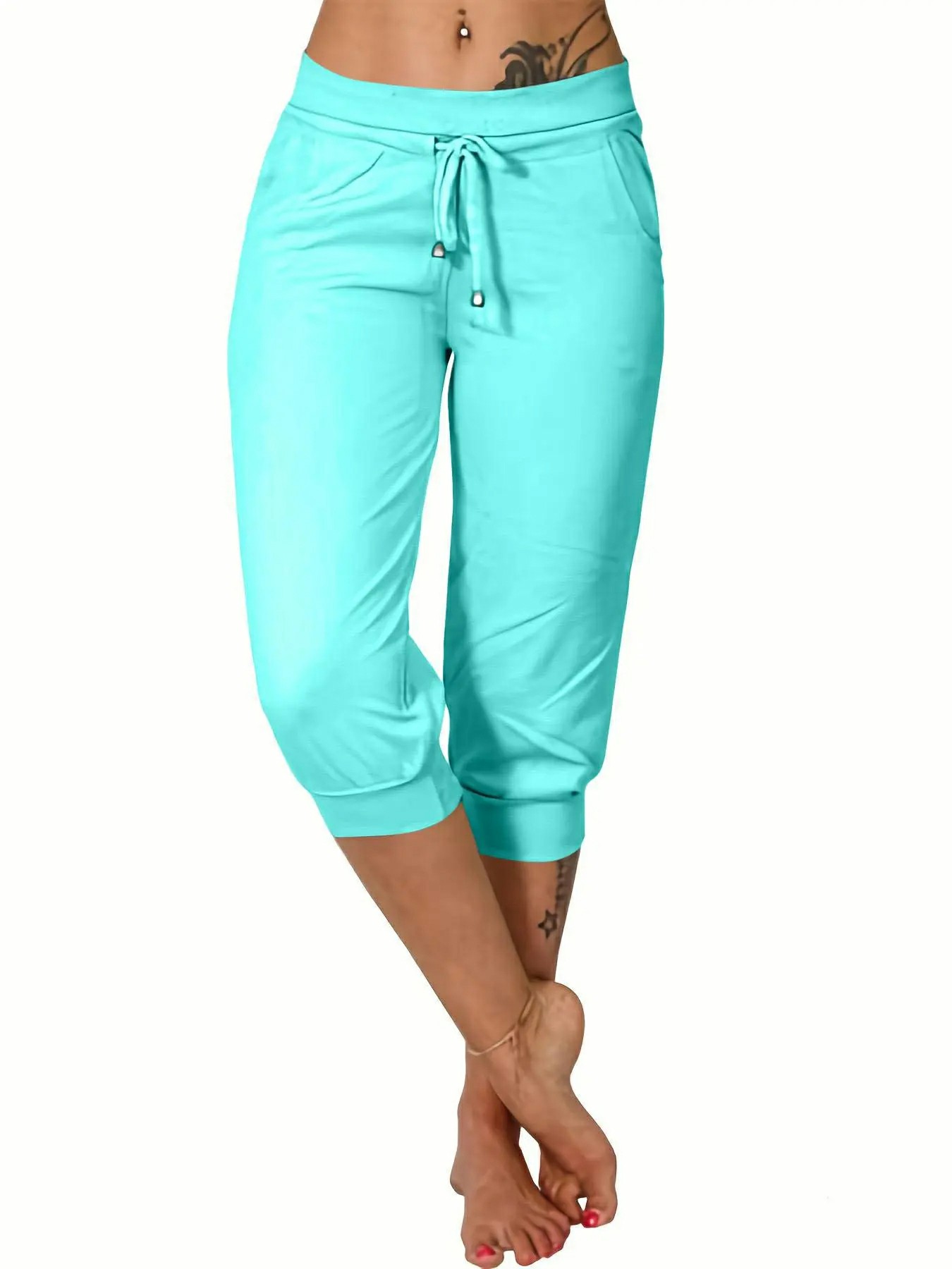 Women's Plain Drawstring Waist Capris Pants With Pockets