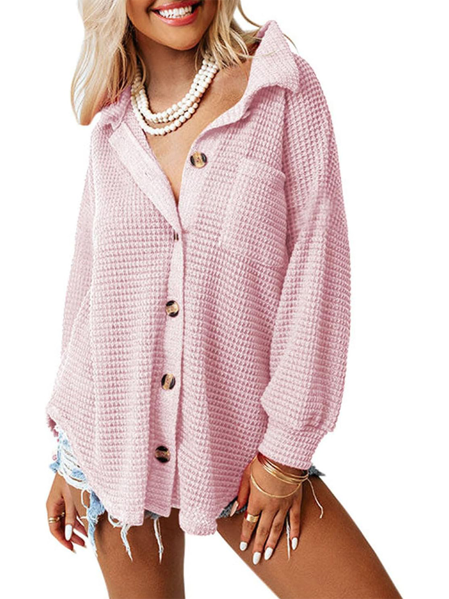 Women's Waffle Knit Casual Button Down Shirts Jacket