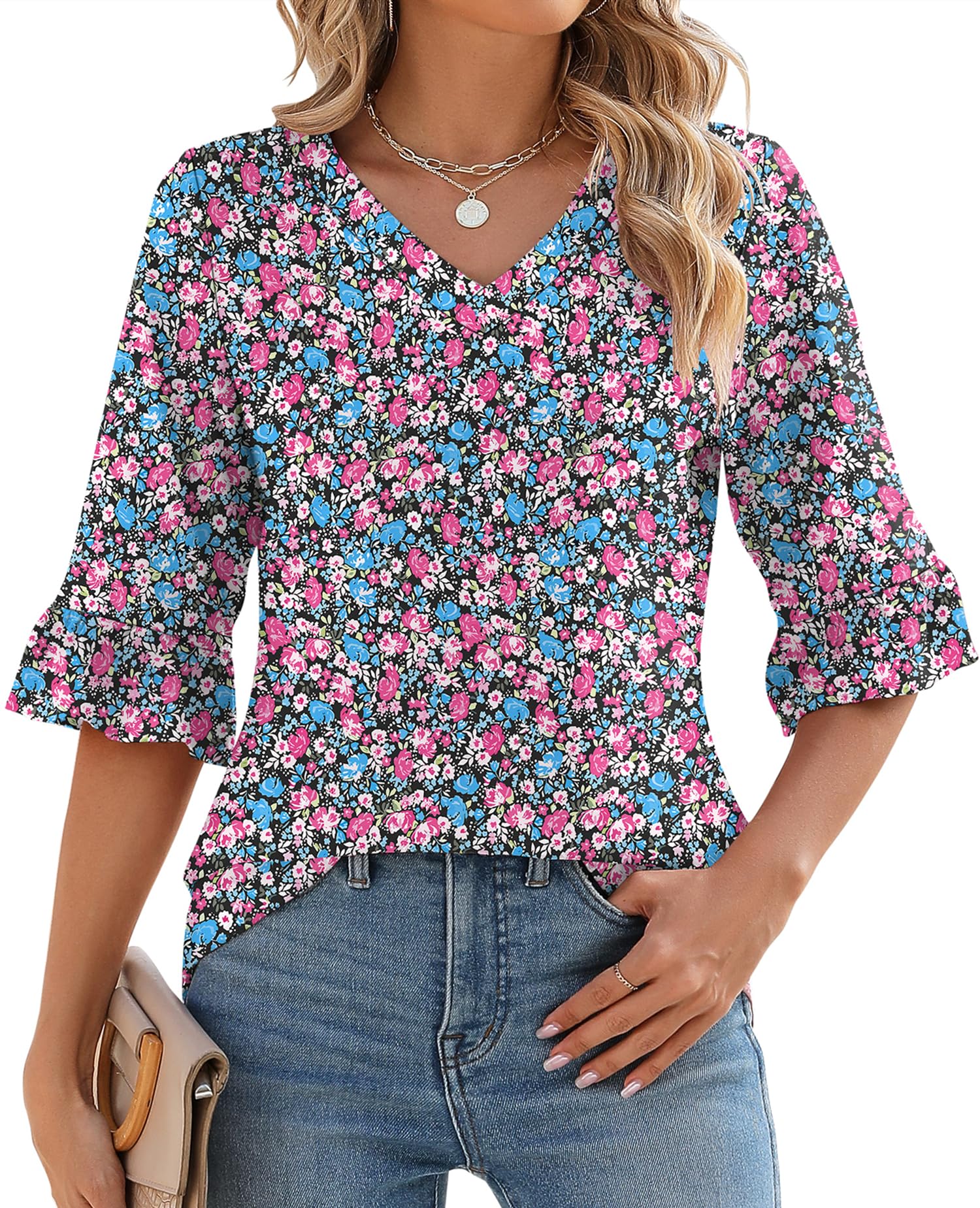 Women's 3/4 Sleeve Ruffle V Neck Floral Print Top（Buy 2 Free Shipping）