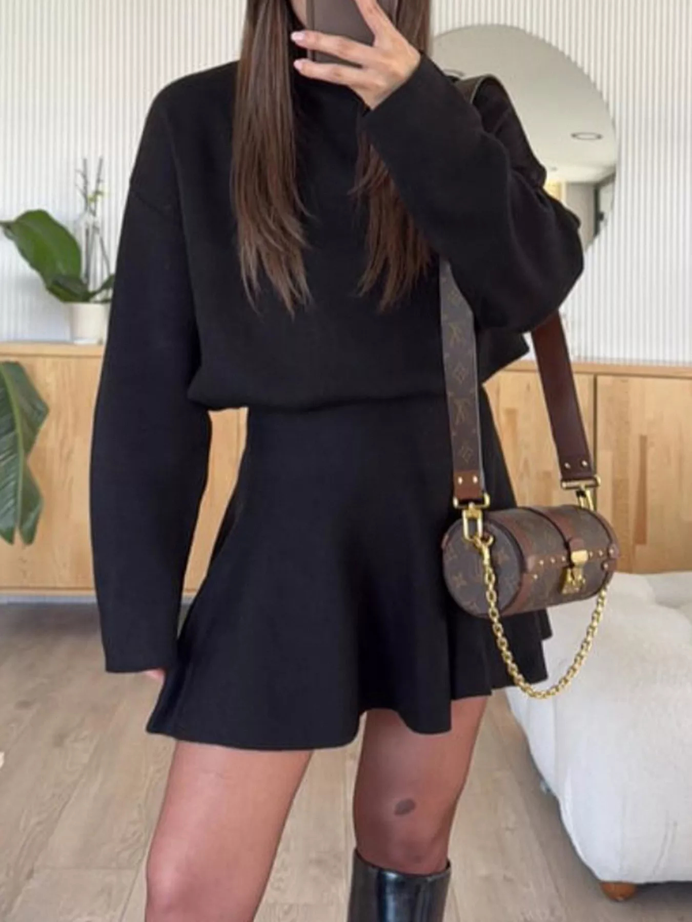 Women's Half-High Neck Long Sleeve Loose Fit Knit Sweater Dress