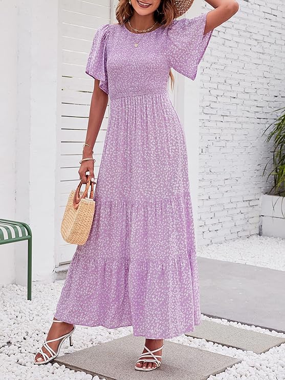 Women's Casual Floral Print Short Flutter Sleeve Smocked High Waist Flowy Maxi Dress