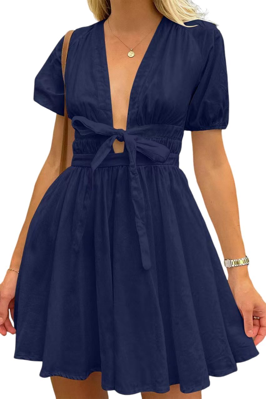Women's Cute Summer Short Puff Sleeve Tie Mini Dress