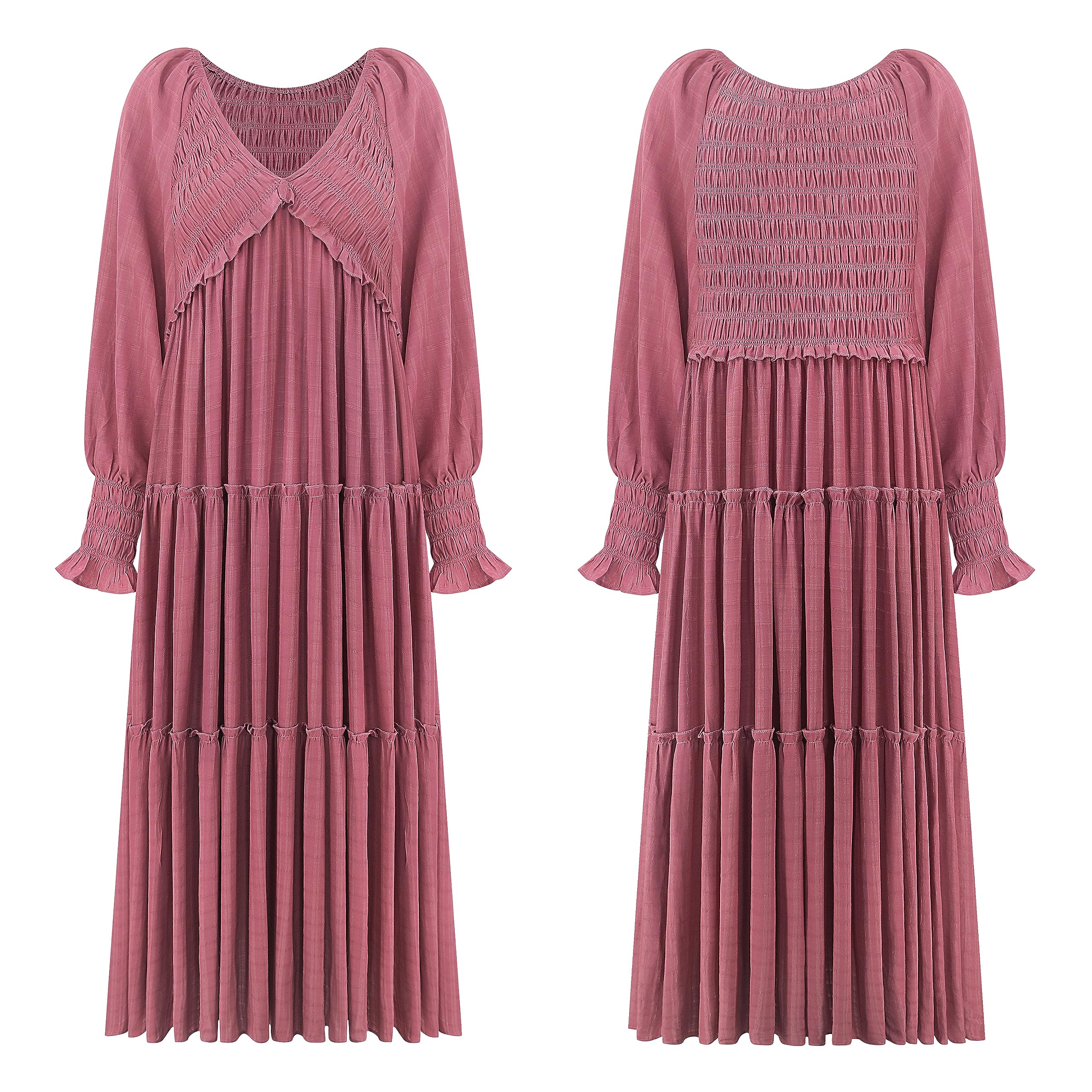 Women Long Sleeve V Neck Boho Casual Flowy Long Dresses