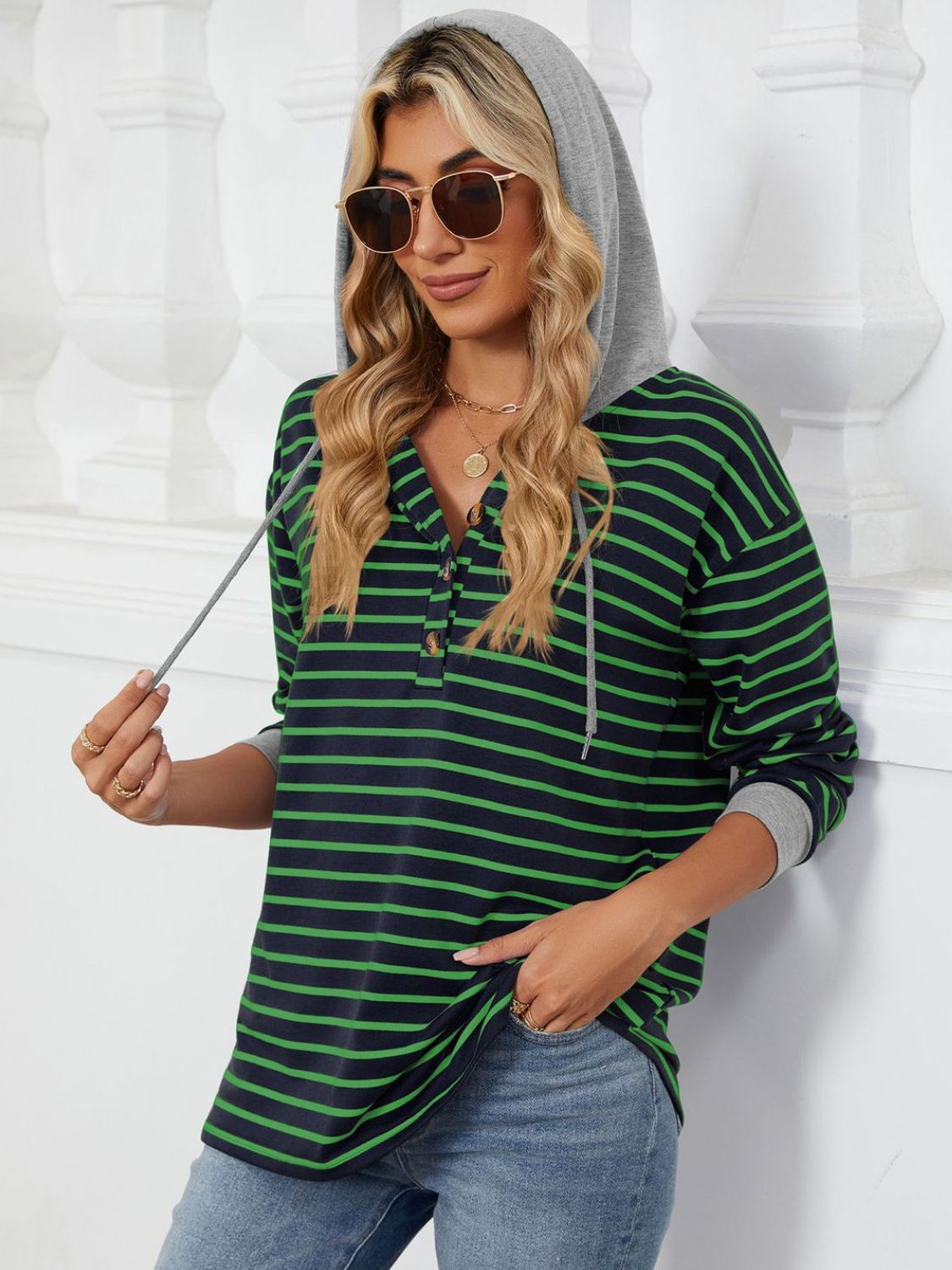 Womens Striped Hoodies Jumper Drawstring Tops