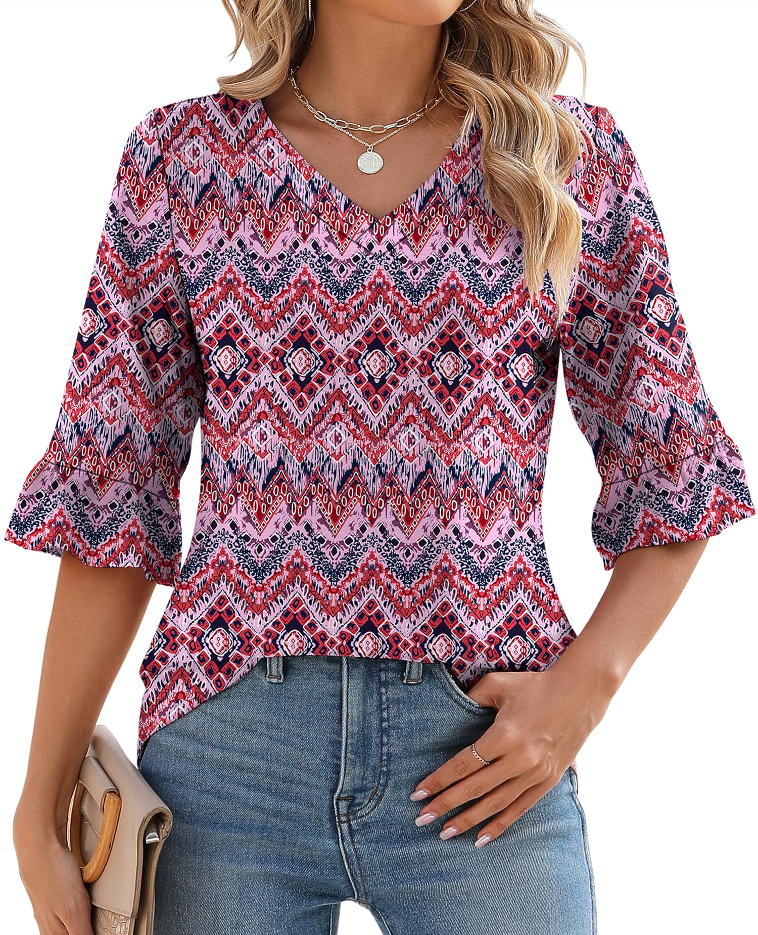 Women's 3/4 Sleeve Ruffle V Neck Floral Print Top（Buy 2 Free Shipping）