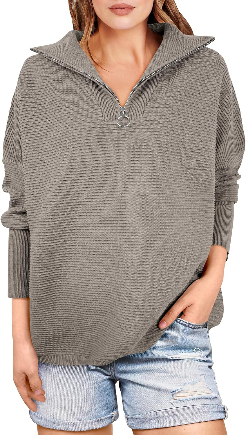 Women Quarter Zip Oversized Casual Loose Rib Knit Cozy Pullover Sweates Top