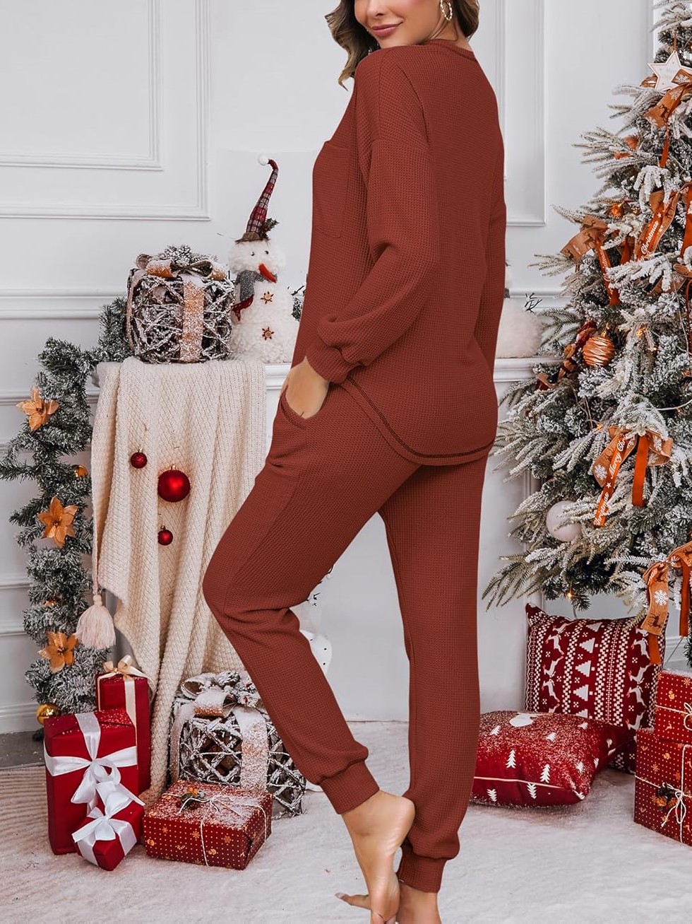 Women's V Neck Waffle Knit Sleepwear Top and Pant Lounge Sets