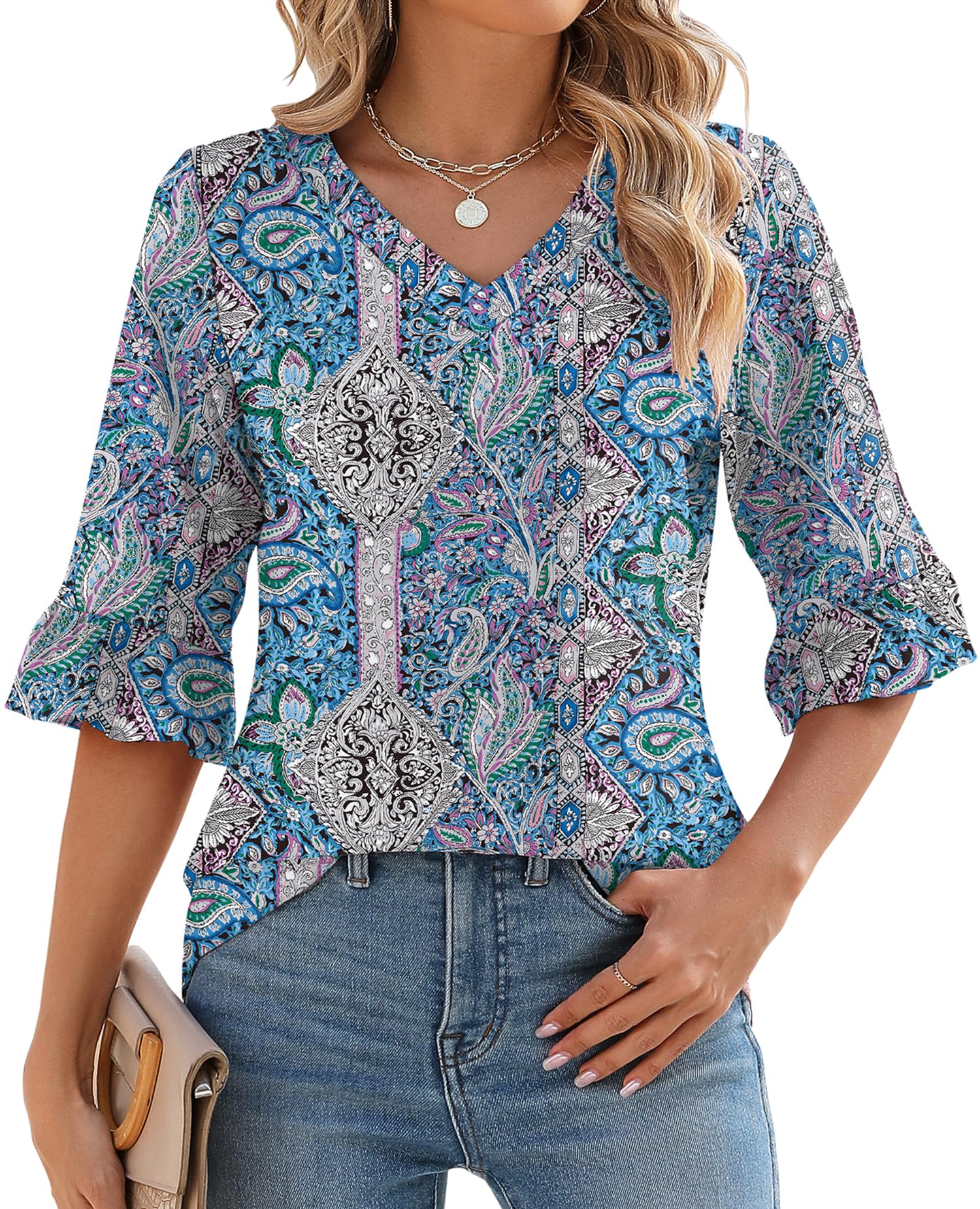 Women's 3/4 Sleeve Ruffle V Neck Floral Print Top（Buy 2 Free Shipping）