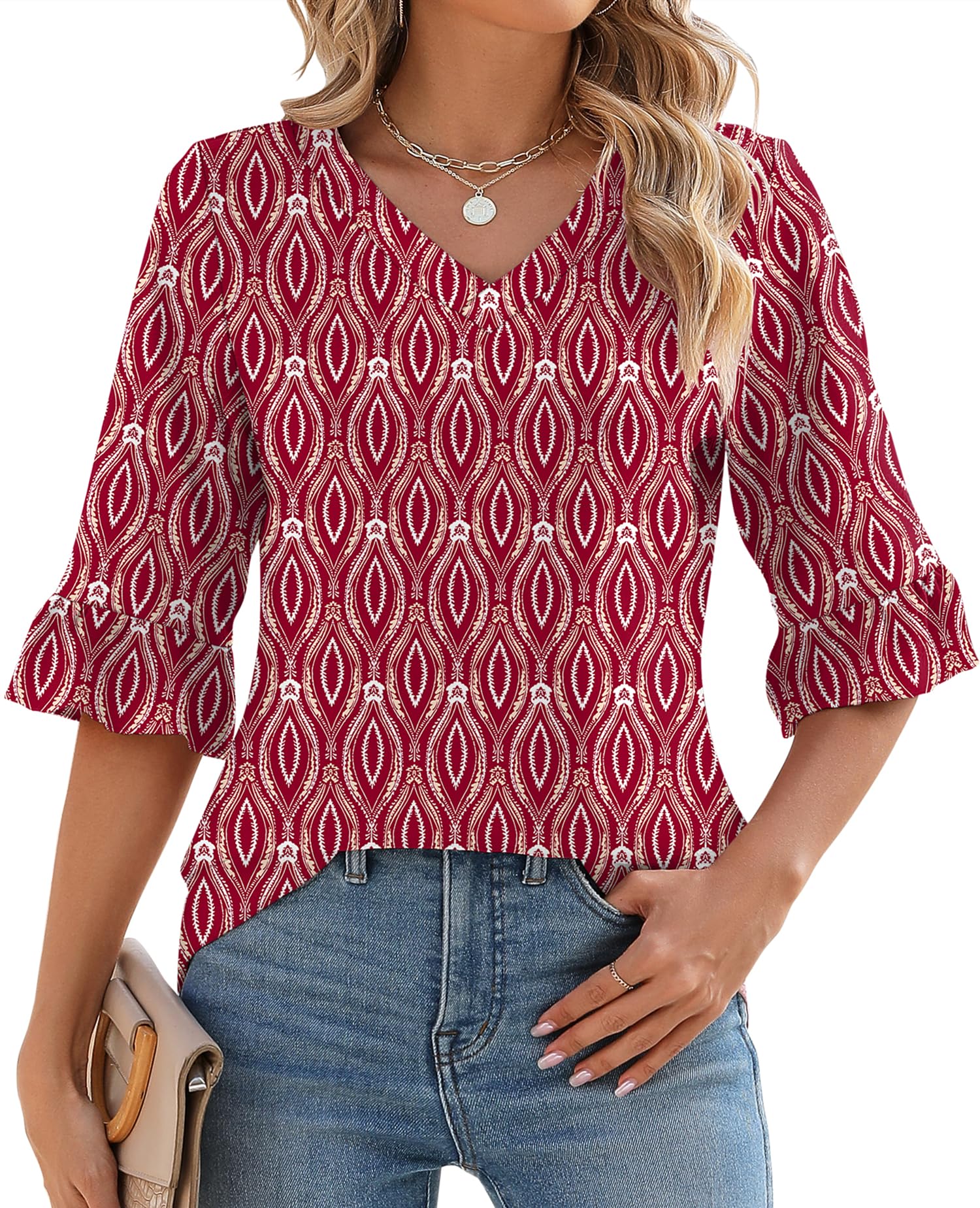 Women's 3/4 Sleeve Ruffle V Neck Floral Print Top（Buy 2 Free Shipping）