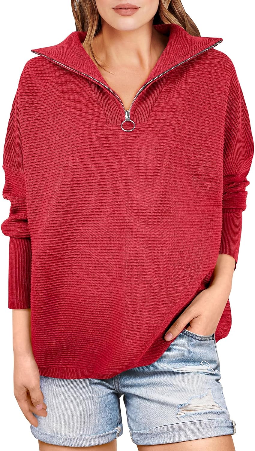 Women Quarter Zip Oversized Casual Loose Rib Knit Cozy Pullover Sweates Top