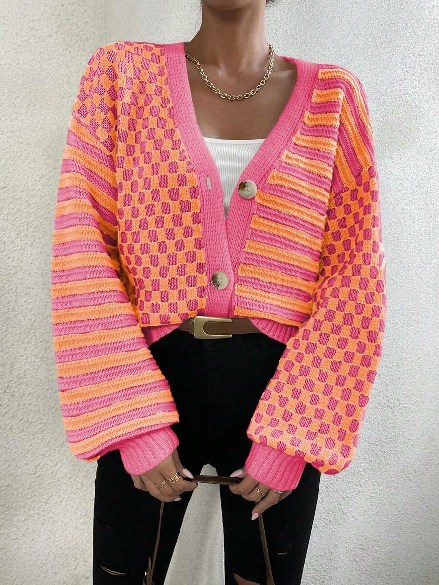 Women's Checker Plaid Striped Pattern Button Up V Neck Cardigan