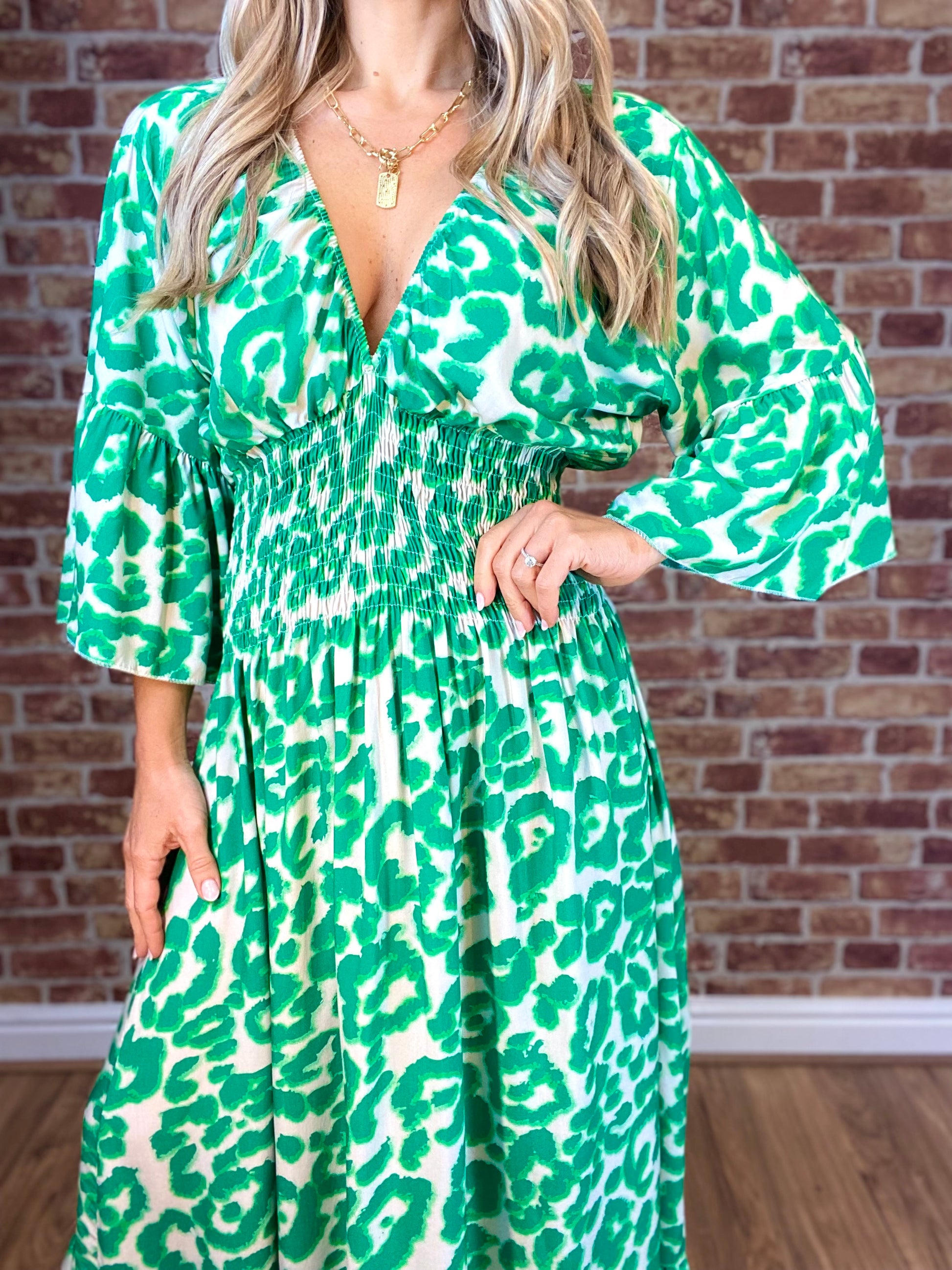 Summer Hot Sale Women's V-neck Half-Sleeve Printed Flowing Stretch Dress