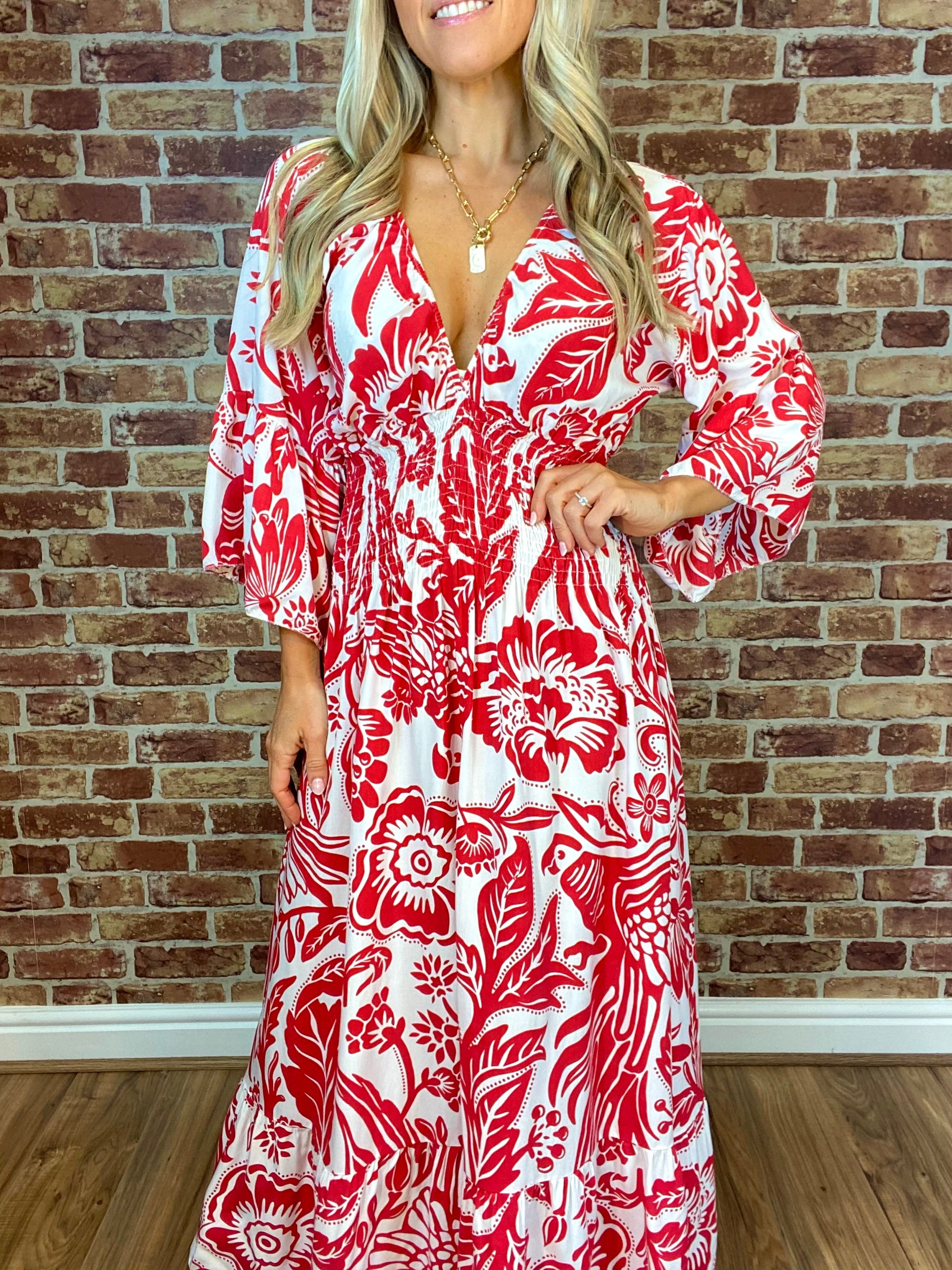 Summer Hot Sale Women's V-neck Half-Sleeve Printed Flowing Stretch Dress