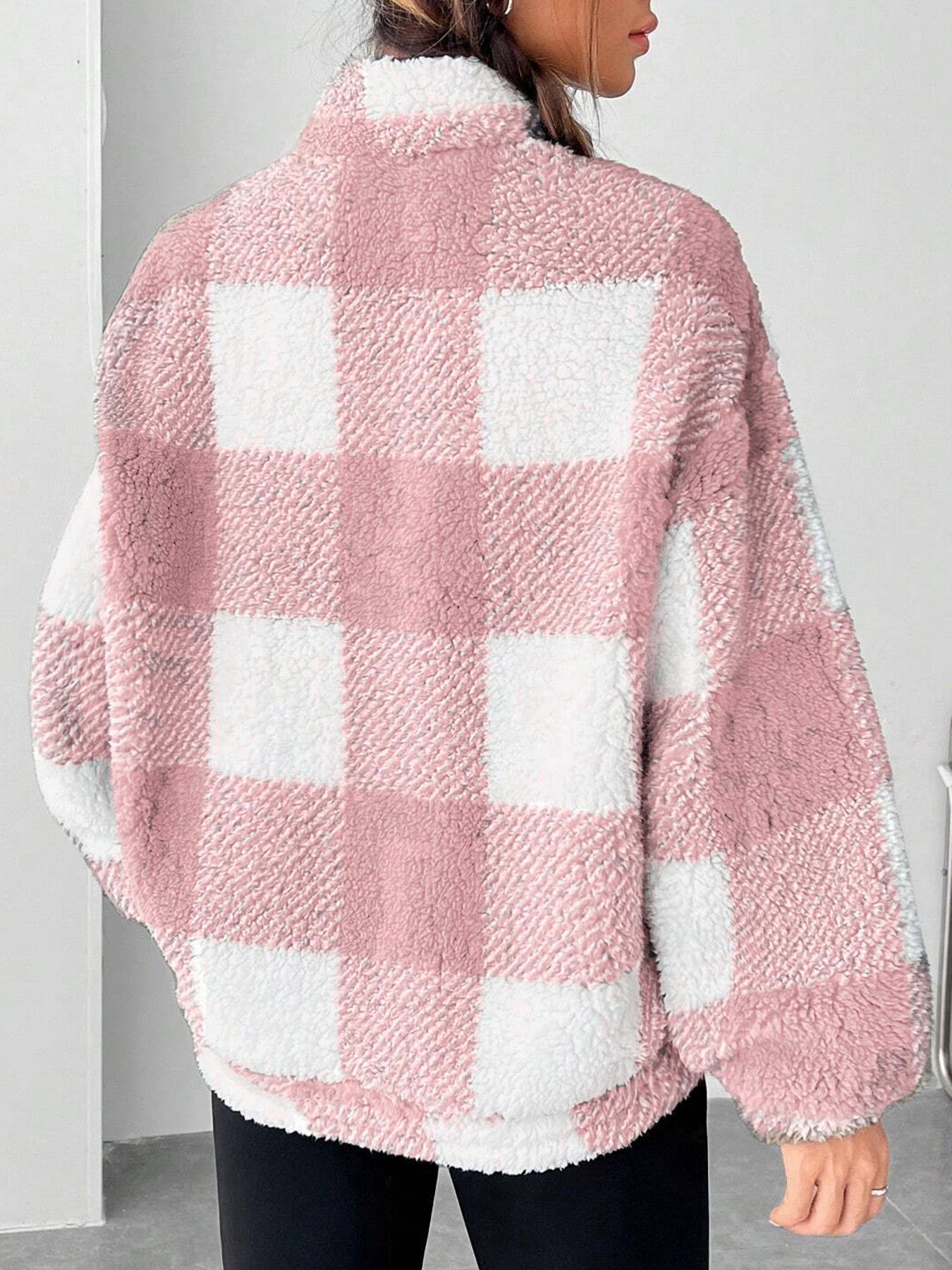 Women's Plaid Print Half Zip Drop Shoulder Fleece Sweatshirt