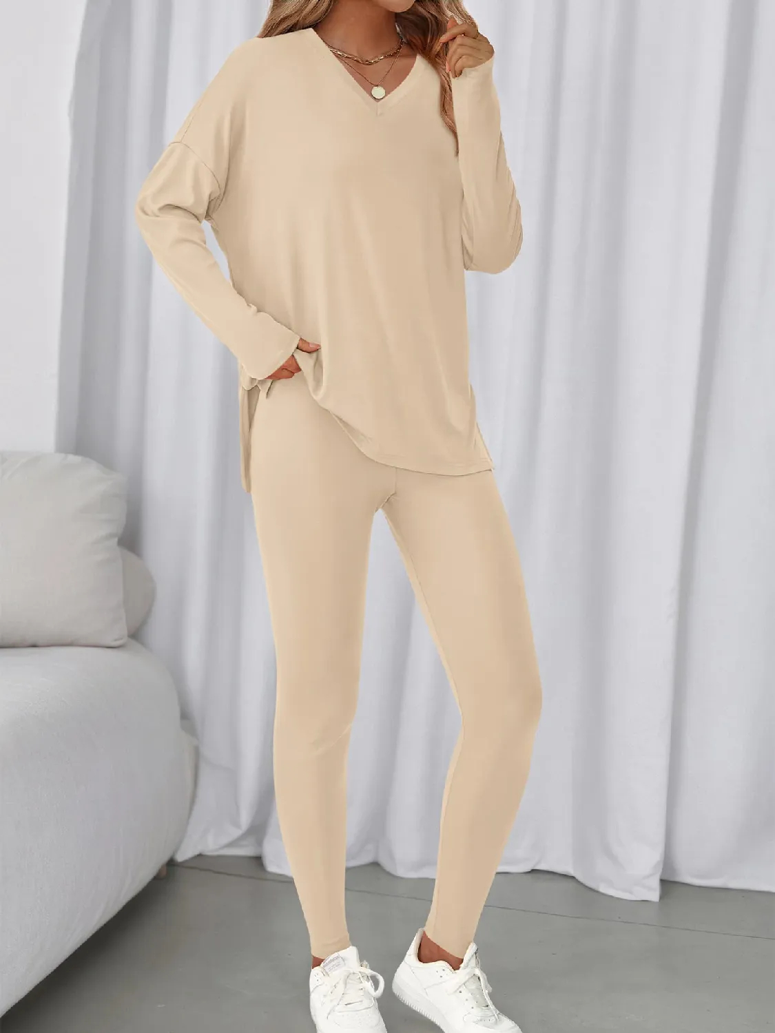 Women's V-neck Oversized Shirts Leggings Casual Lounge Matching Set