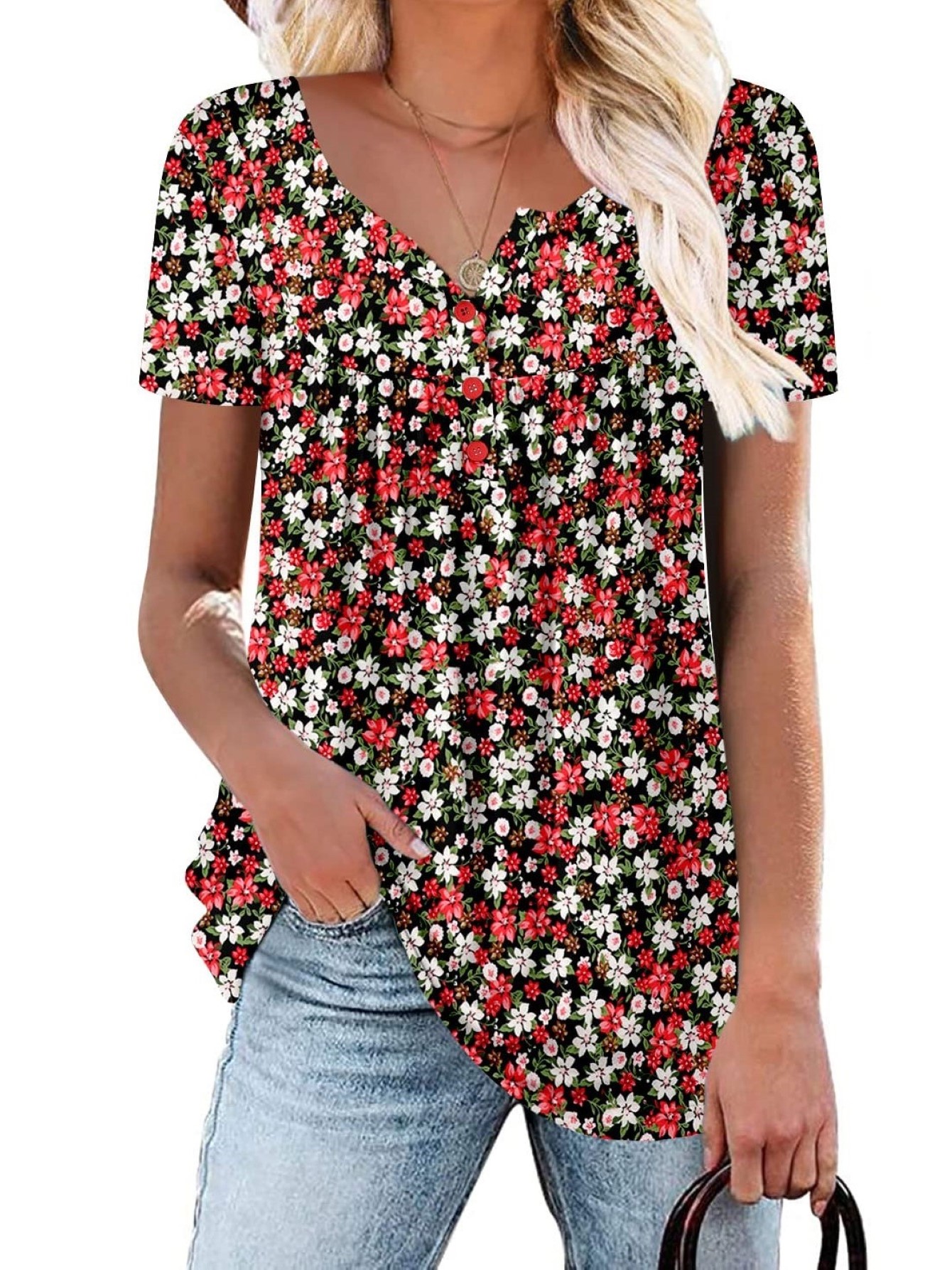 Women's Printed Botton Down Pleated Short Sleeve Shirts Tunic Tops