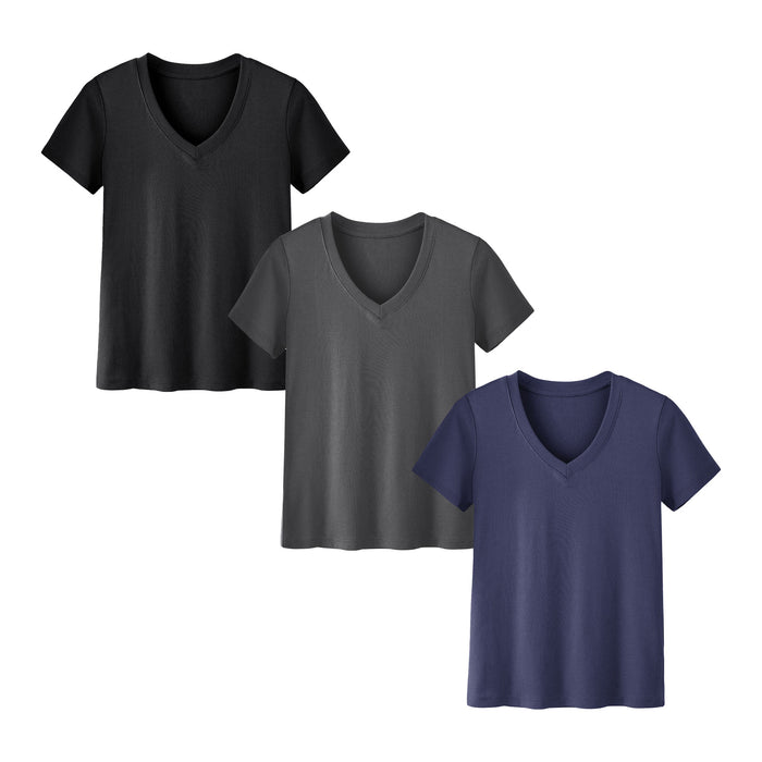  Womens 3 Pack T-Shirts Basic Short Sleeve V Neck Tops