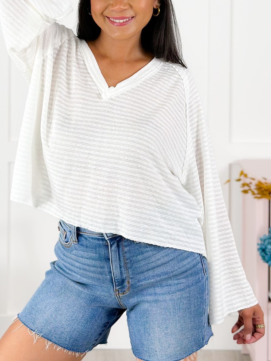 HOT SALE Textured Long Sleeve V Neck Top with Seam Detail
