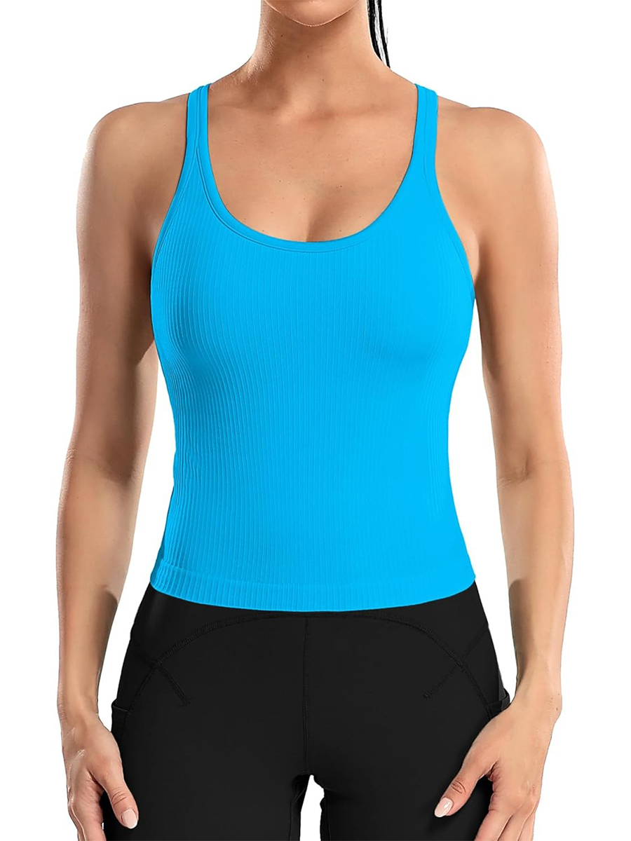 Women's Ribbed Workout Crop Racerback Tank Tops with Built in Bra