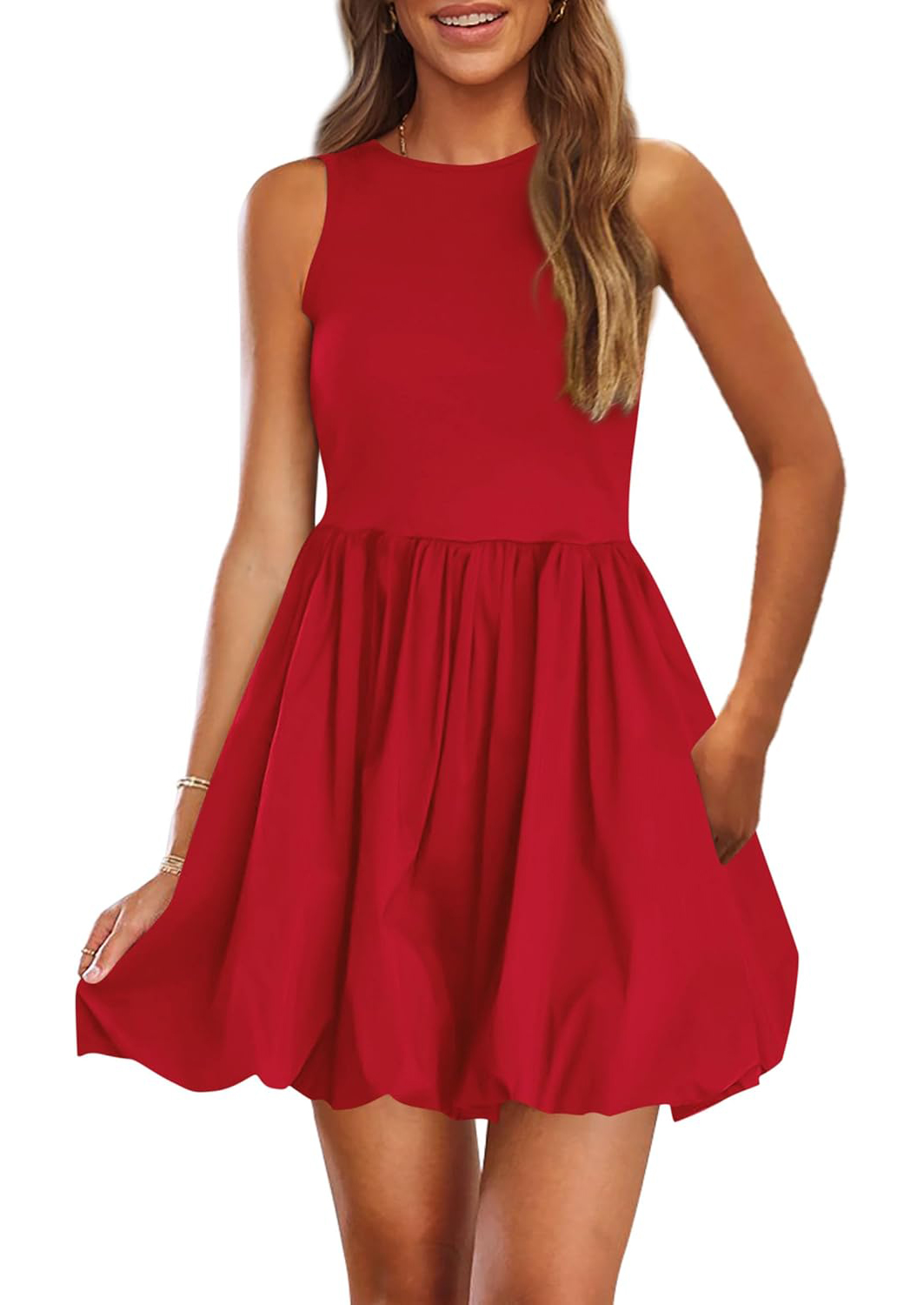 Women's Casual Crew Neck Sleeveless Tank Bubble Dress with Pockets