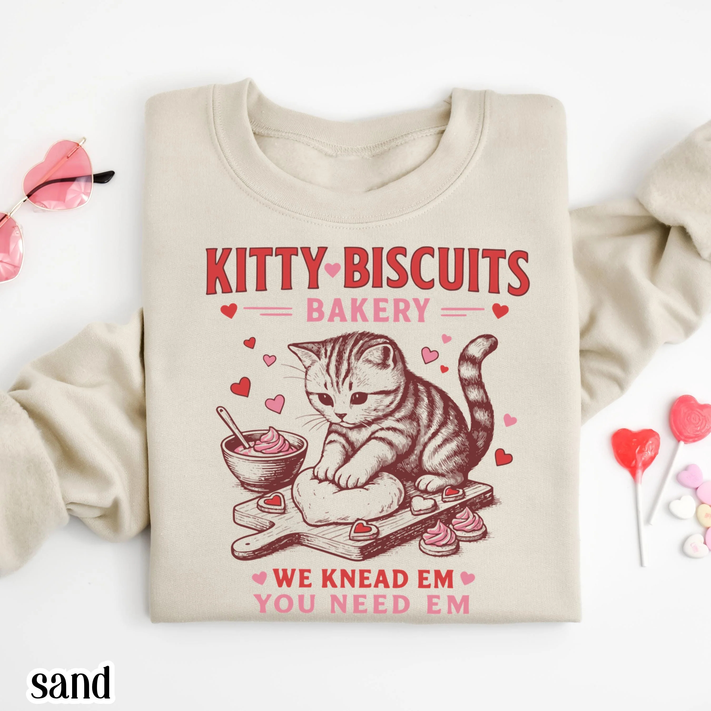 Valentines Kitty Biscuits Bakery Printed Sweatshirt