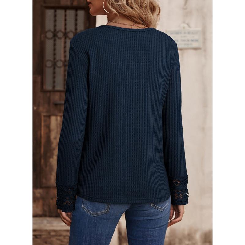 Women's Tops Casual V Neck Long Sleeve Waffle Knit Textured Lace Hollow Out Shirts Loose Tunic Tops Blouses