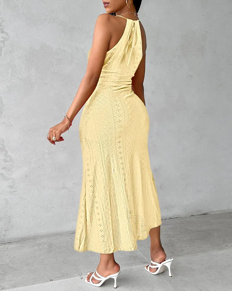Halter Hollow-out A Line Sleeveless Front Slit Ruched Vacation Maxi Dress