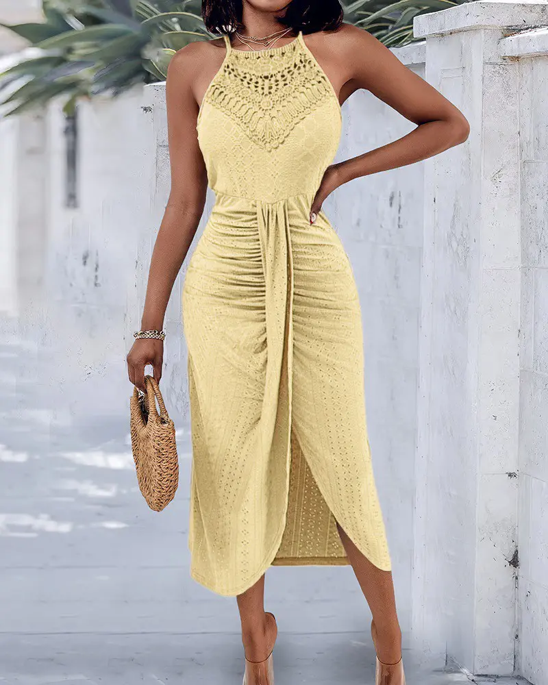 Halter Hollow-out A Line Sleeveless Front Slit Ruched Vacation Maxi Dress