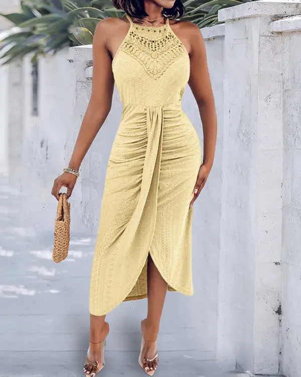 Halter Hollow-out A Line Sleeveless Front Slit Ruched Vacation Maxi Dress