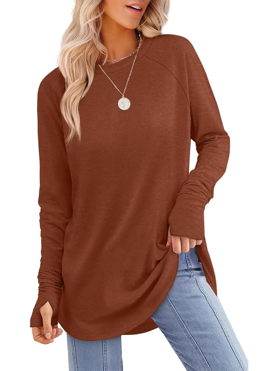Women's Crew Neck Long Sleeve Thumb Hole Shirts Basic Top