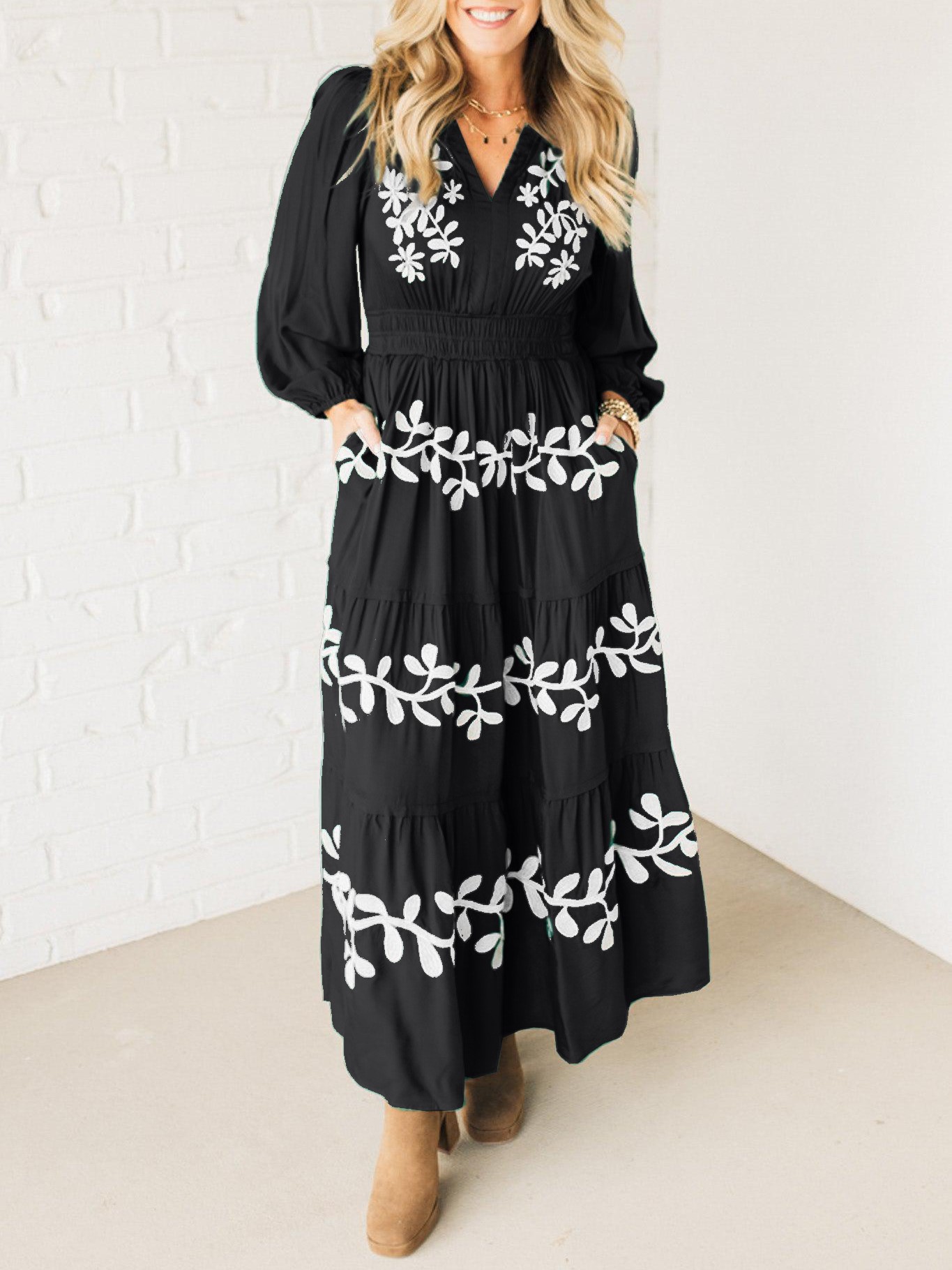 V Neck Long Sleeve Embroidered Tiered Maxi Dress