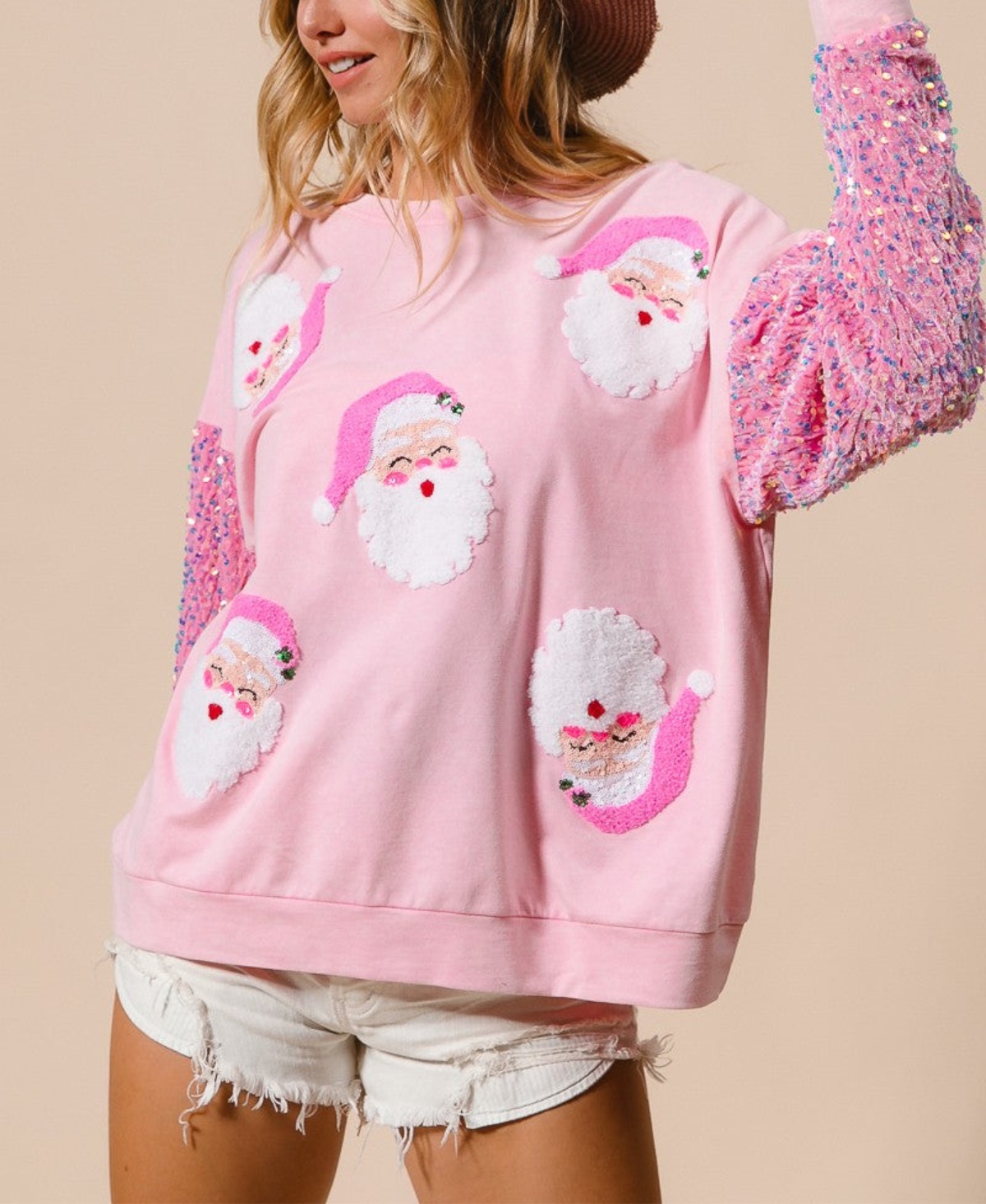 Santa Sequin Pullover With Velvet Sequin Sleeves (Buy 2 Free Shipping)