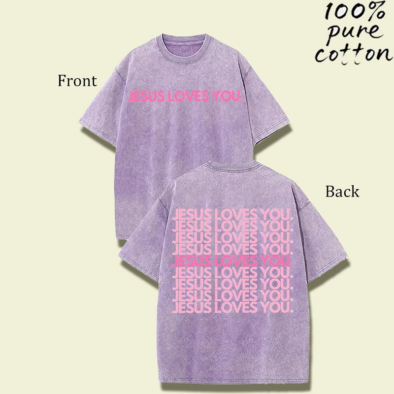 Washed Cotton T-Shirt – “Jesus Loves You” Faith Graphic Tee