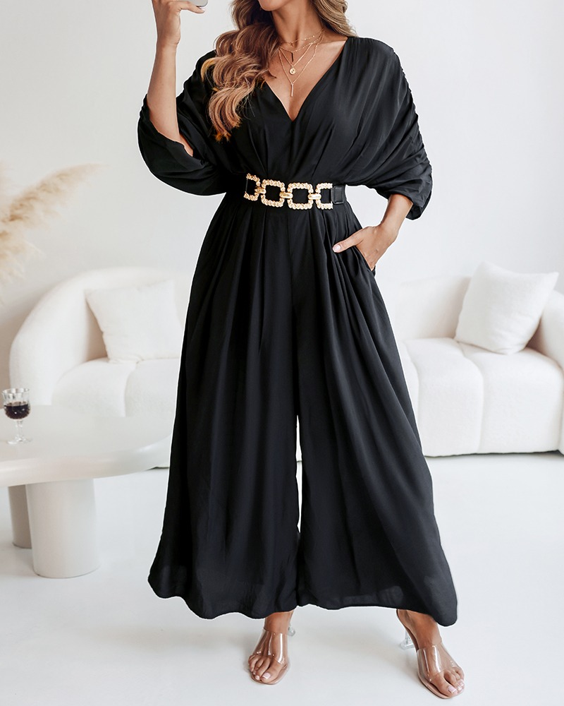 Women's Casual V-Neck Half Sleeve Ruched Jumpsuit