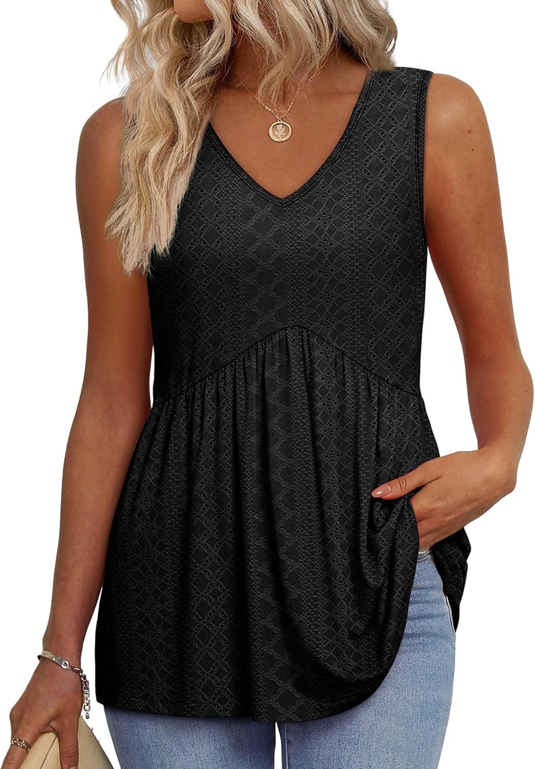 Women's Print Flowy Sleeveless V Neck Peplum Tank Tops