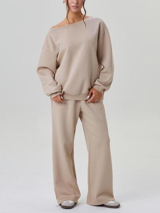 ⏰Hot Sale-Women's Solid Sloping Shoulder Long Sleeve Top & Wide Leg Trousers Set