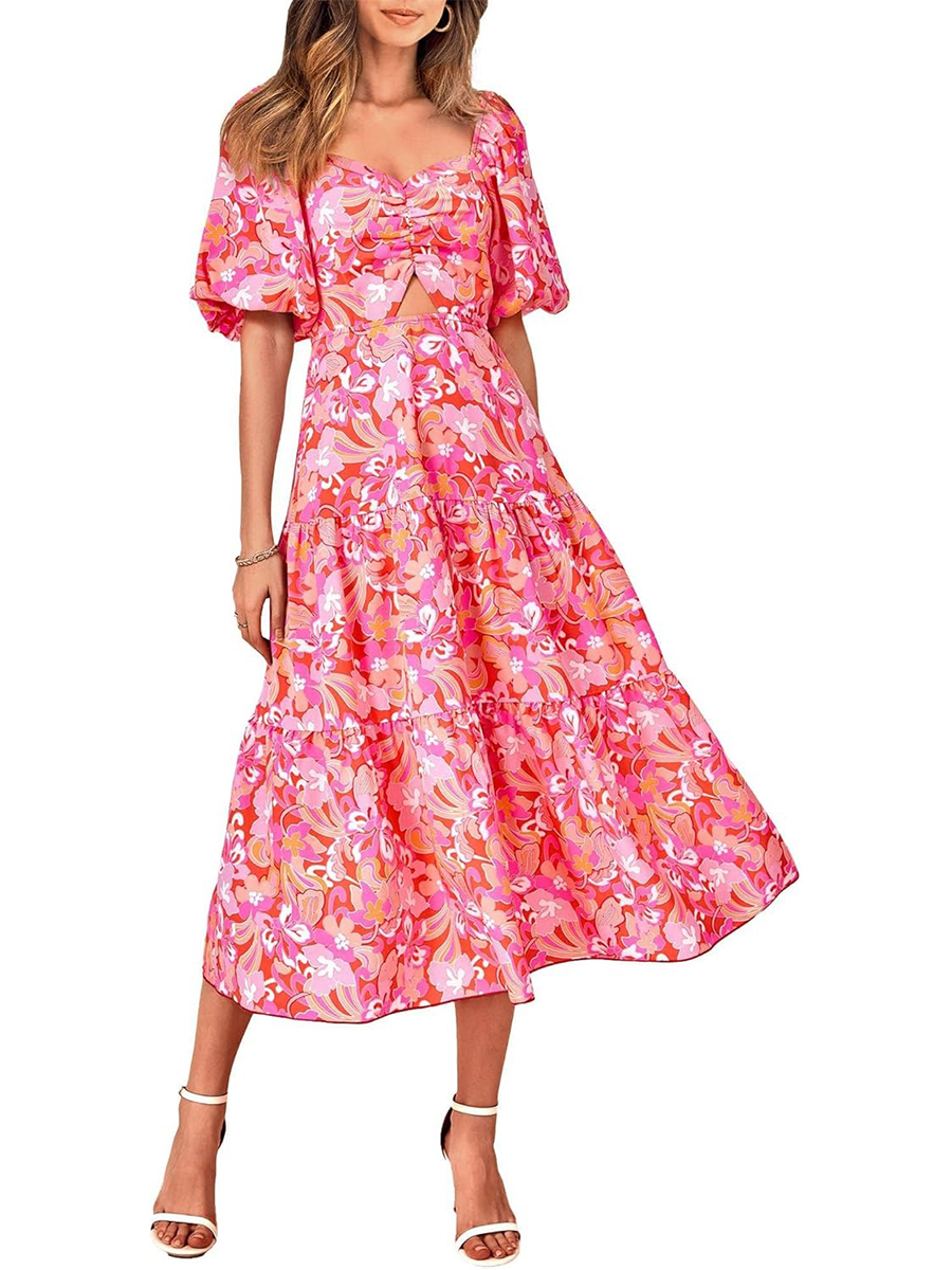 Women's Boho Floral Square Neck Puff Sleeve Cutout Long Maxi Dress
