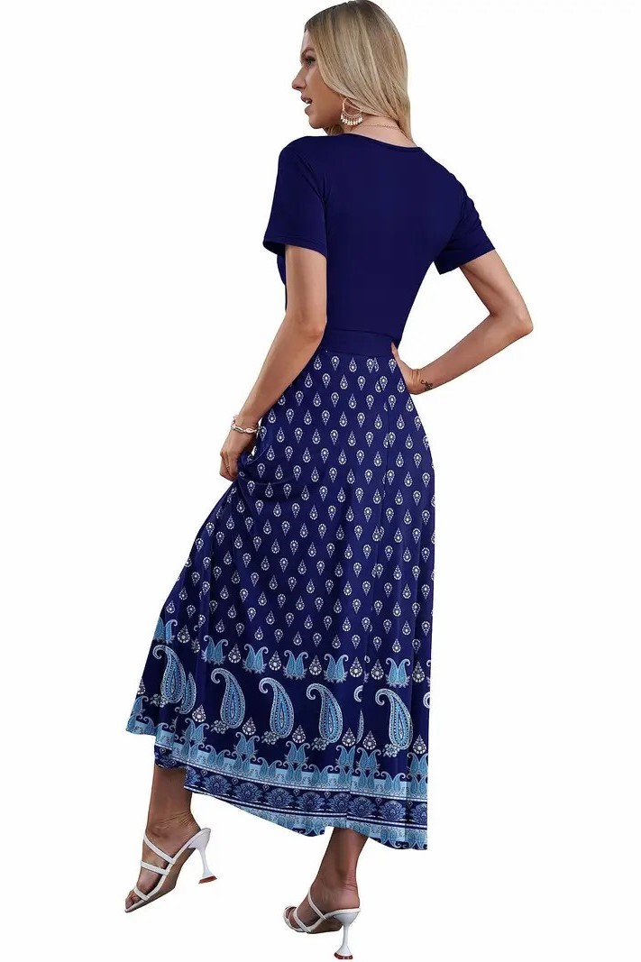 Women's V Neck Floral Print Beach Long Flowy Dress with Pockets