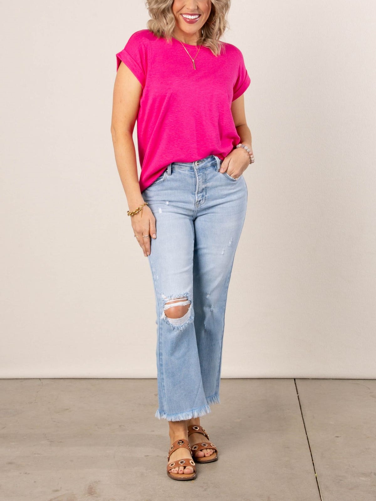 Women's Crew Neck Knit Rolled Cuff Short Sleeve Basic Tee