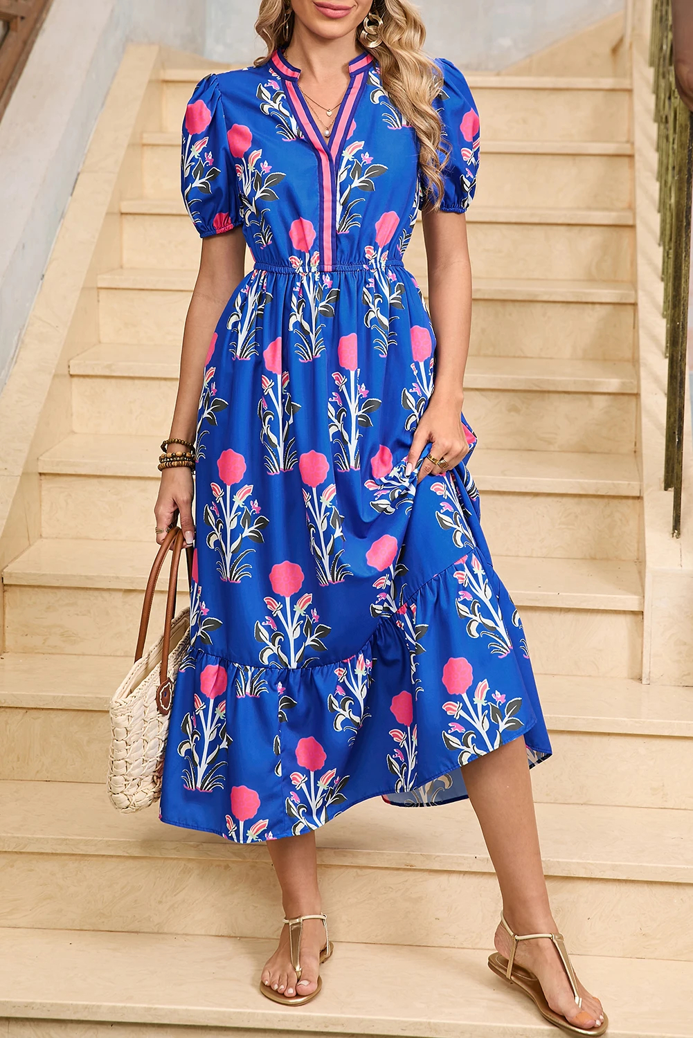 HOT SALE Women's Summer Floral V-Neck Ruffle Hem Midi Dress