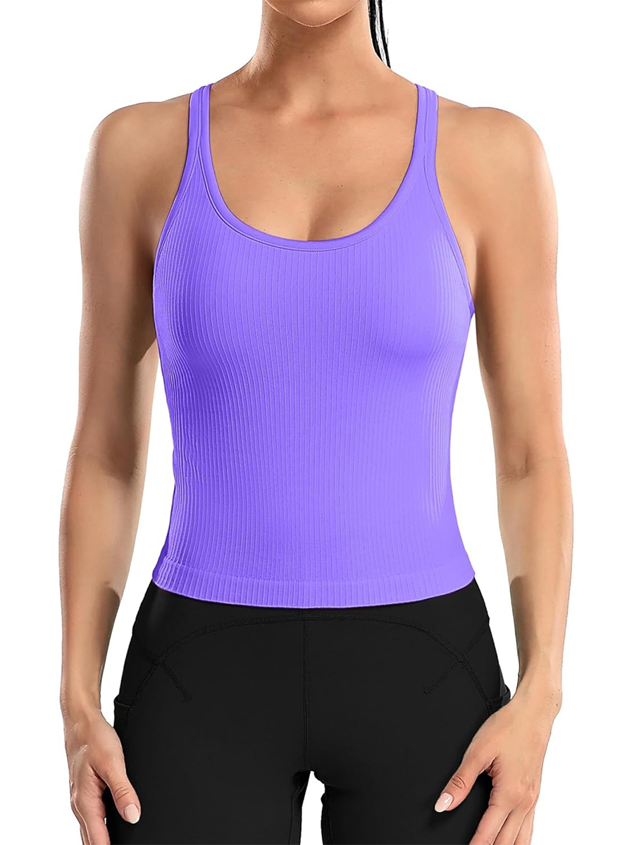 Women's Ribbed Workout Crop Racerback Tank Tops with Built in Bra