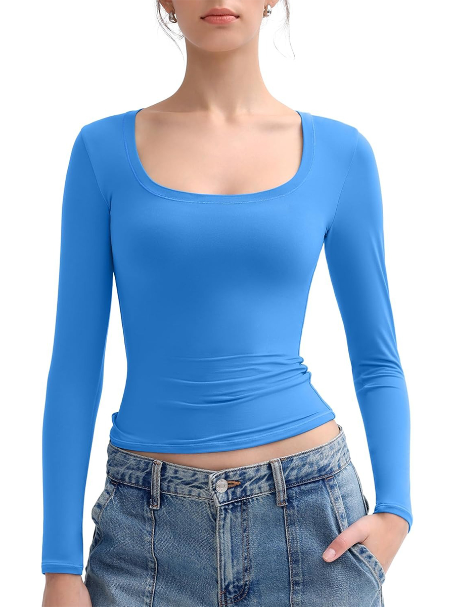 Women's Scoop Neck Slim Fit Long Sleeve Tops Double Lined Basic Tee
