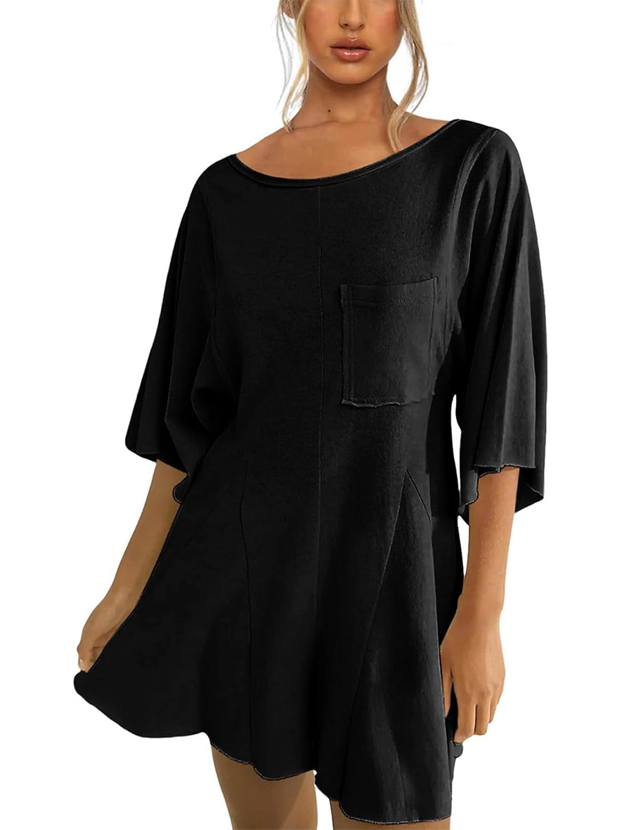 Women's Short Sleeve Loose Ruffled Short Romper Dress with Pocket